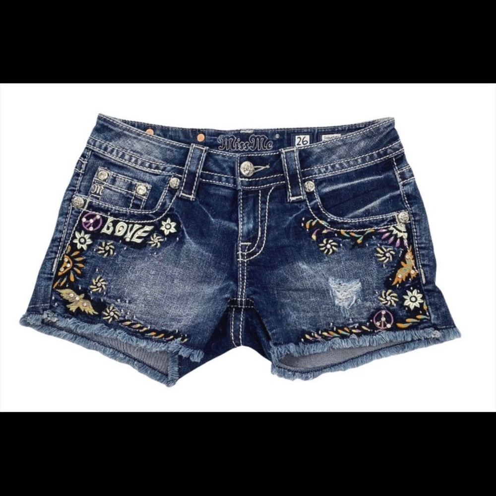 MISS ME Peace & Love signature jean shorts